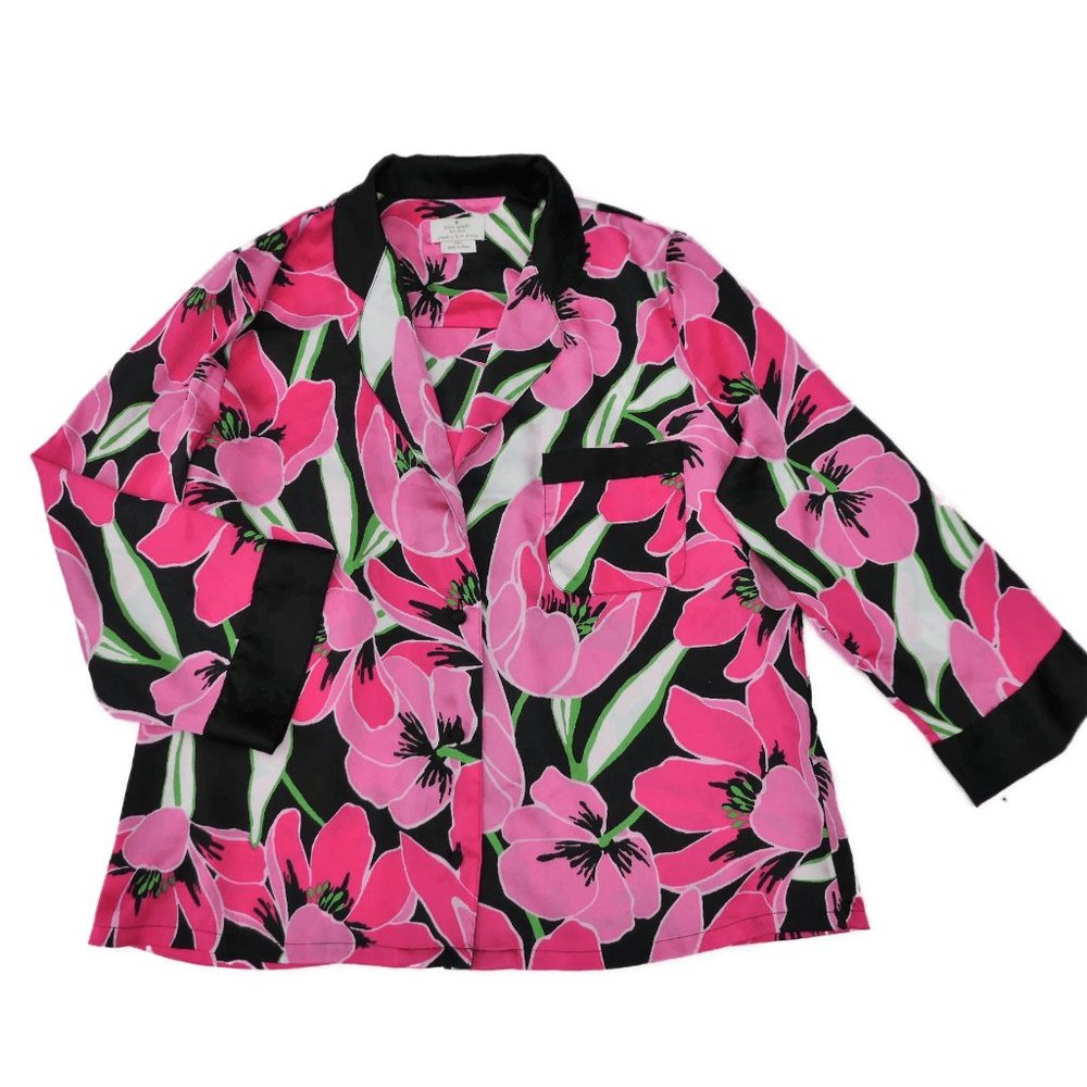 Kate Spade New York Pink Black Satin Floral Tropical Top PJ Relaxed Pocket S